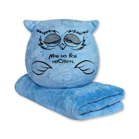 Игрушка-подушка с пледом Сова, бледно-синий